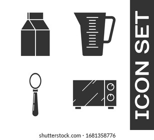 Set Microwave oven , Paper package for milk , Spoon  and Measuring cup icon. Vector