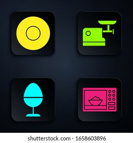 Set Microwave oven, Plate, Chicken egg on a stand and Kitchen meat grinder. Black square button. Vector