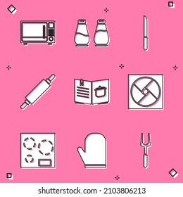 Set Microwave oven, Salt and pepper, Knife, Rolling pin, Cookbook, Ventilation, Electric stove and Oven glove icon. Vector