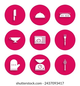 Set Microwave oven, Scales, Honey dipper stick, Fork, Oven glove, Sauce boat, Electronic scales and Bread knife icon. Vector