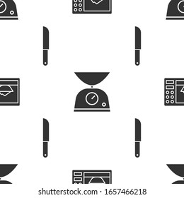 Set Microwave oven, Scales and Knife on seamless pattern. Vector