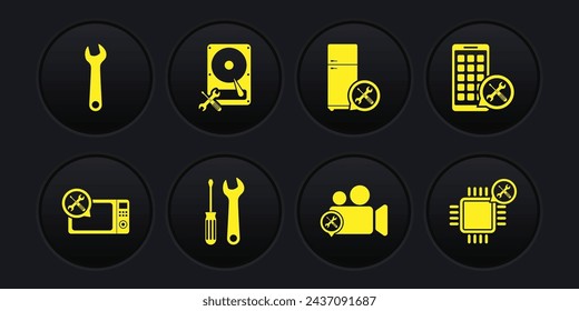 Set Microwave oven service, Mobile Apps, Screwdriver and wrench, Video camera, Refrigerator, Hard disk, Processor and Wrench icon. Vector