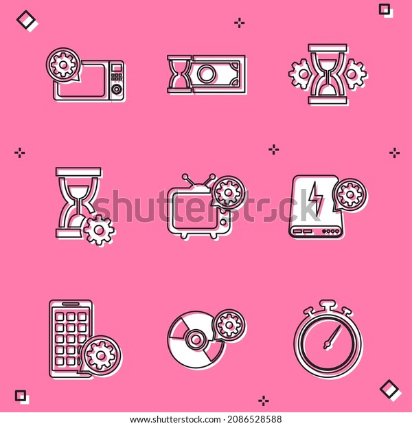 Set Microwave oven setting, Fast
payments, Hourglass, , Tv and Power bank icon.
Vector