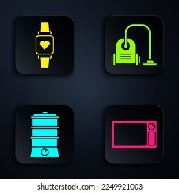 Set Microwave oven , Smart watch showing heart beat rate , Double boiler  and Vacuum cleaner . Black square button. Vector