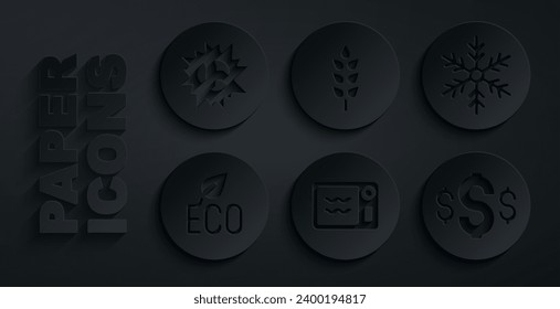 Set Microwave oven, Snowflake, Leaf Eco symbol, Dollar, Wheat and Bomb explosion icon. Vector