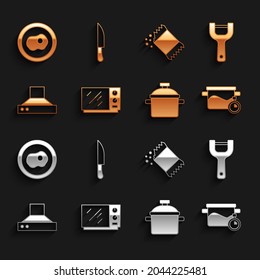 Set Microwave oven, Vegetable peeler, Cooking pot, Kitchen extractor fan, Packet of pepper, Scrambled eggs and Knife icon. Vector