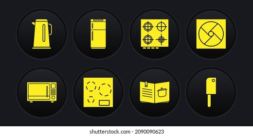 Fijar horno de microondas, ventilación, cocina eléctrica, Cookbook, gas, refrigerador, helicóptero de carne y hervidor de agua con icono de mango. Vector