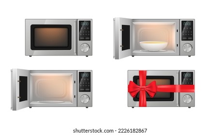 Set of microwaves, modern kitchen appliance for food cooking and heating open with plate or with gift ribbon. Household technology device technology realistic element. Vector illustration