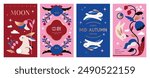 Set of Mid Autumn Festival design with rabbits, full moon, flowers and starry sky. Chinese translation: Mid Autumn Festival