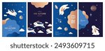 Set of Mid Autumn Festival design with rabbits, full moon, flowers and starry sky. Chinese translation: Mid Autumn Festival