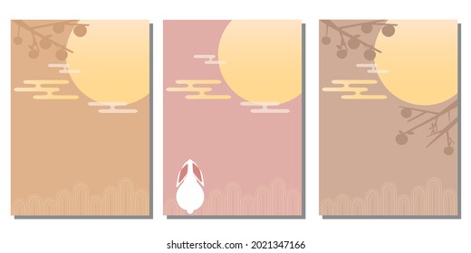 Set of Mid autumn festival template. rabbits, moon, Happy Mid Autumn, Full moon and Persimmon trees, Traditional Asian holiday poster, banner design collection. Hand drawn vector illustration.