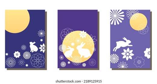 Set of Mid autumn festival template. rabbits, moon, Happy Mid Autumn, Full moon and flower, Traditional Asian holiday poster, banner design collection. Hand drawn vector illustration.