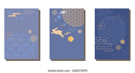 Set of Mid autumn festival template. rabbits, moon, Happy Mid Autumn, Full moon and flower, Traditional Asian holiday poster, banner design collection. Hand drawn vector illustration.