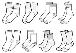Set Of Mid Calf Length Socks Flat Sketch Fashion Illustration Drawing Template Mock Up, Calf Length Socks Cad Drawing For Unisex Men's And Women's, Quarter Crew Socks Design Drawing