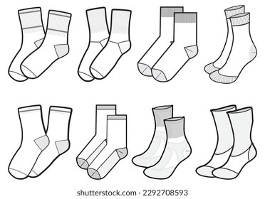 Set of Mid Calf length Socks flat sketch fashion illustration drawing template mock up, Calf length socks cad drawing for unisex men's and women's, Quarter crew socks design drawing