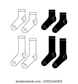 Set of Mid Calf length Socks flat sketch fashion illustration drawing template mock up, Calf length socks cad drawing for unisex men's and women's, Quarter crew socks design drawing