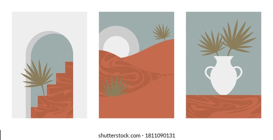 Set of mid century abstract art boho modern minimalist aesthetic posters, landscape, mountains, vase, palms, sun, terracotta and white colors. Background, wallpaper, wall decor, print, card, template