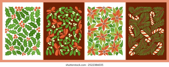 Set of mid century Christmas poster or art prints with winter botany. Hippie 60s, 70s style. Vector contrast illustrations with holly berry, mistletoe, poinsettia, pine tree in nostalgic style