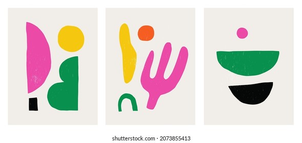 Set of mid century minimalist abstract prints in a vibrant color palette. Contemporary backgrounds with harmonious hand drawn geometric shapes, circles, arches, spots in greens, pinks and yellows.