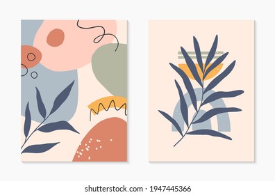 Conjunto de ilustraciones vectoriales abstractas modernas de mediados de siglo con formas y plantas orgánicas.Impresiones artísticas minimalistas.Diseños de moda perfectos para plantillas de banners;medios sociales,invitaciones;marca,portadas