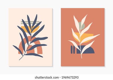 Set of mid century modern abstract vector illustrations with organic shapes and leaves.Minimalistic art prints.Trendy artistic designs perfect for banners;social media,invitations;branding,covers