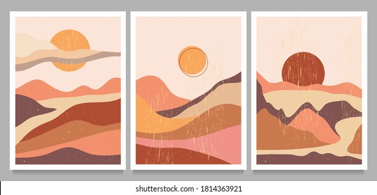 set of Mid century modern minimalist. Abstract nature, sea, sky, sun, rock mountain landscape poster. Geometric landscape background in scandinavian style. Vector illustration