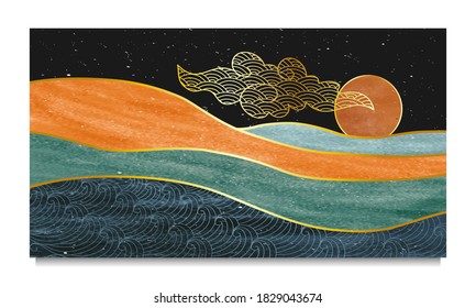 set of Mid century modern minimalist. Abstract nature, sea, sky, sun, rock mountain landscape poster. Geometric landscape background in japanese style. Vector illustration
