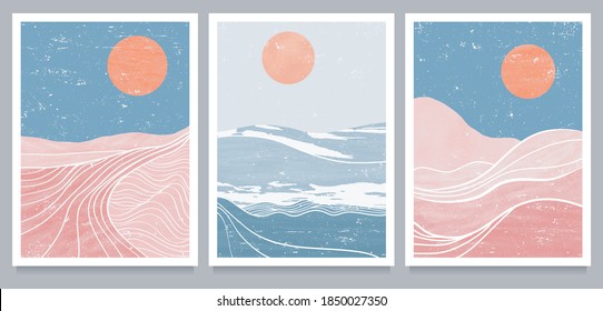 set of Mid century modern minimalist art print. Abstract mountain contemporary aesthetic backgrounds landscapes. vector illustrations