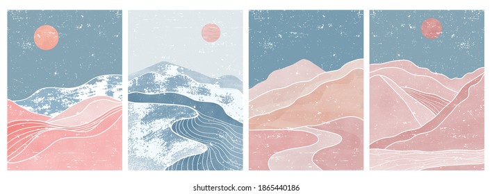 Set Of Mid Century Modern Minimalist Art Print. Abstract Mountain Contemporary Aesthetic Backgrounds Landscapes. Vector Illustrations