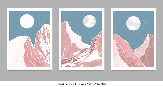 set of Mid century modern minimalist art print. Abstract mountain contemporary aesthetic backgrounds landscapes. vector illustrations