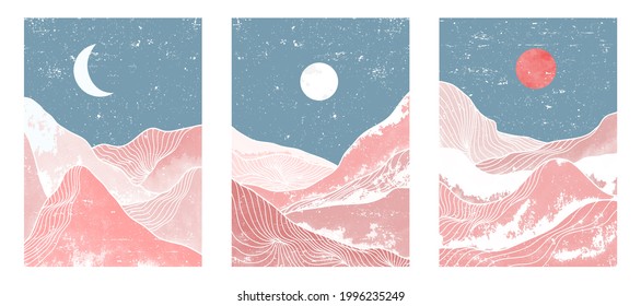 conjunto de obras de arte minimalista modernas de mediados de siglo. Resumen de paisajes estéticos contemporáneos de montaña. ilustraciones vectoriales