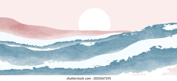 set of Mid century modern minimalist art print. Abstract contemporary aesthetic backgrounds landscapes with mountain and wave. vector illustrations