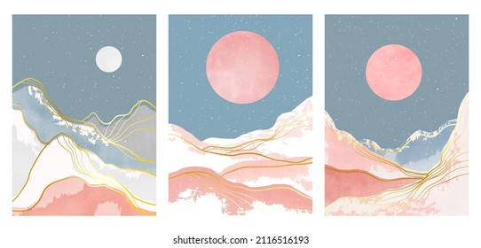 set of Mid century modern minimalist art print. Abstract mountain contemporary aesthetic backgrounds landscapes. vector illustrations