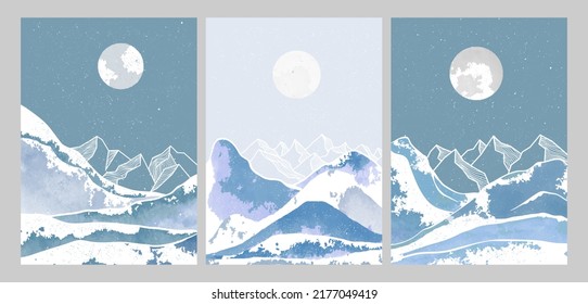 set of Mid century modern minimalist art print. Abstract mountain contemporary aesthetic backgrounds landscapes. vector illustrations