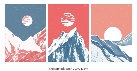 set of Mid century modern minimalist art print. Abstract mountain contemporary aesthetic backgrounds landscapes. vector illustrations