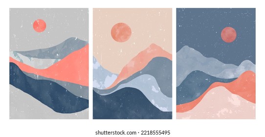 set of Mid century modern minimalist art print. Abstract mountain contemporary aesthetic backgrounds landscapes. vector illustrations