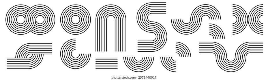 Set of Mid century modern minimalist shape. Abstract contemporary aesthetic design elements collection. Striped thin line geometric shapes. 