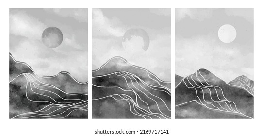 Set of Mid century modern mountain line art print. Abstract contemporary aesthetic backgrounds landscapes. illustration black and white of mountain, moon and sun