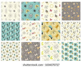 Set of Mid century modern seamless pattern. 1950s vintage style atomic science background, retro vector illustration.