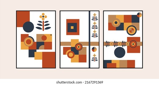 Set of mid century modern wall art. Collection of geometry print poster. Bauhaus style home decor. Minimalist wall decorations.