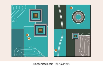 Conjunto de arte mural moderno de mediados de siglo. Colección de póster de impresión de geometría. Decoración casera al estilo Bauhaus. Decoración minimalista en las paredes.