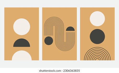 Set of mid century poster abstract geometric shape contemporary. Design for wallpaper, background, wall decor, cover, print, card, branding. Modern trendy boho minimalist art.
