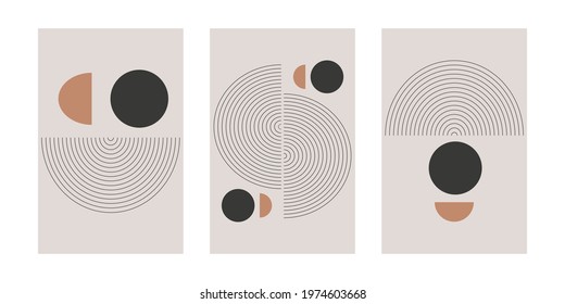 Set of mid century posters abstract geometric shape contemporary. Design for wallpaper, background, wall decor, cover, print, card, branding. Modern trendy boho minimalist art. Vector illustration.