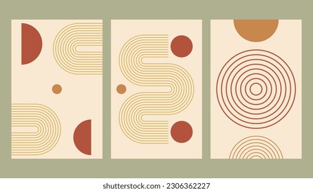 Set of mid century posters abstract geometric shape contemporary. Design for wallpaper, background, wall decor, cover, print, card, branding. Modern trendy boho minimalist art. Vector illustration.