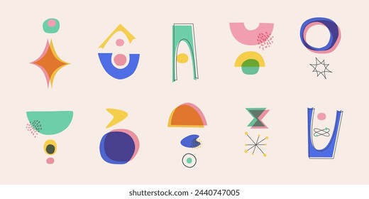 Conjunto de formas de mediados de siglo. Formas geométricas contemporáneas abstractas. Diseño para portada, impresión, tarjeta, marca. 