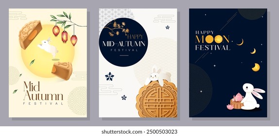 Set of Mid-Autumn Festival card designs with the full moon, rabbits, and Asian patterns. Vector illustration. Mid-Autumn Festival.