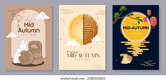 Conjunto de diseños de tarjetas del Festival de mediados de otoño con la luna llena, conejos y patrones asiáticos. Ilustración vectorial. Festival de mediados de otoño.