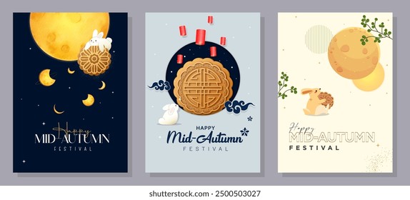 Conjunto de diseños de tarjetas del Festival de mediados de otoño con la luna llena, conejos y patrones asiáticos. Ilustración vectorial. Festival de mediados de otoño.