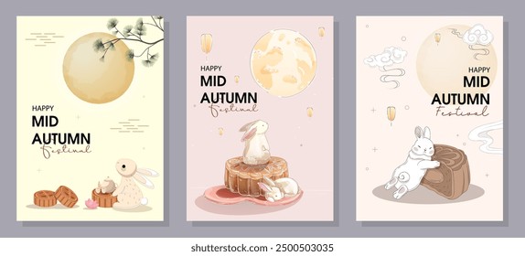 Set of Mid-Autumn Festival card designs with the full moon, rabbits, and Asian patterns. Vector illustration. Mid-Autumn Festival.