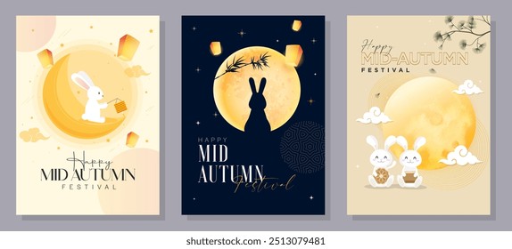 Set of Mid-Autumn Festival card designs with the full moon, rabbits, and Asian patterns. Vector illustration. Mid-Autumn Festival.